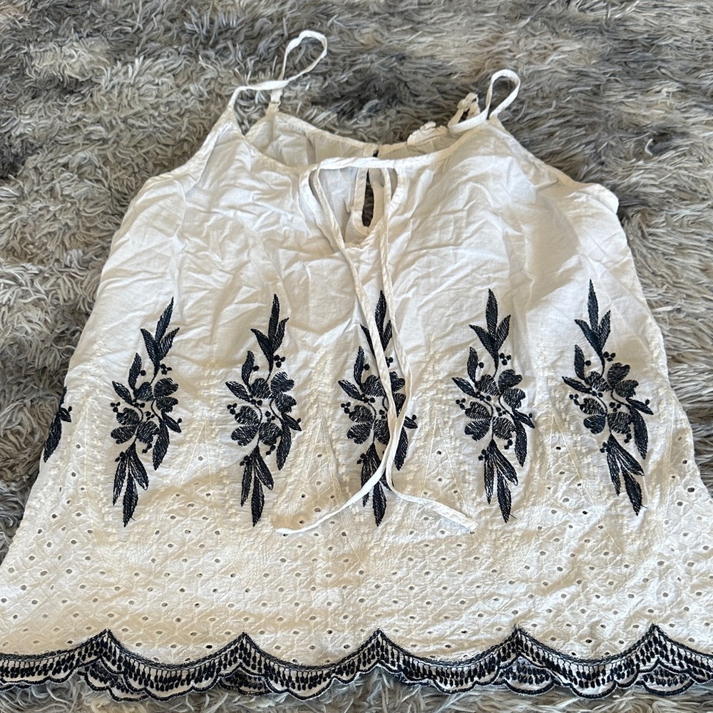 F—White Eyelet Camisole with Navy Floral Embroidery